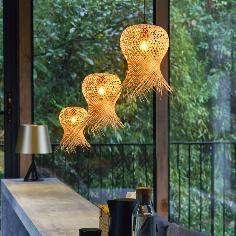 Bamboo Artwork Chandelier Living Room Stairs Bamboo Woven Assembled Lamp