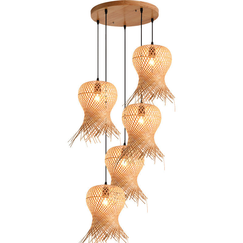 Bamboo Artwork Chandelier Living Room Stairs Bamboo Woven Assembled Lamp