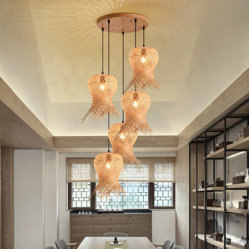 Bamboo Artwork Chandelier Living Room Stairs Bamboo Woven Assembled Lamp