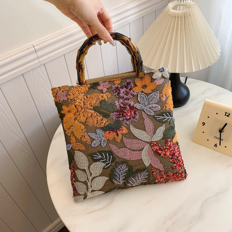 Colorful Sequins Vintage Embroidered Bamboo Handbag